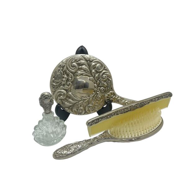 Vintage Silver Tone Carved Vanity Set Mirror Brush Perfume - Picture 3 of 16